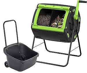Maze 48 Gallon Geared Two Compartment Compost Tumbler and Maze Compost Cart