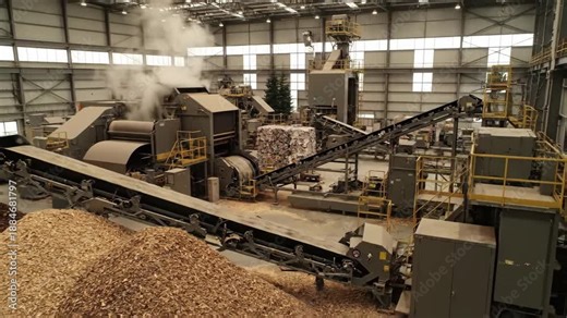 Paper Recycling Processing Plant - This high-angle shot features industrial machinery inside a paper recycling plant. Conveyor belts move material, and there is smoke rising from one of the machines.