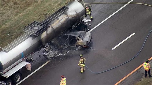 Car left scorched, wedged under truck after fiery crash on I-35 in Edmond