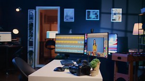 Photo retouching software interface on computer in empty freelancing apartment studio | Premium Stock Video Footage