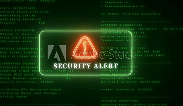 Computer screen displaying security alert with warning symbol and system status messages in green code