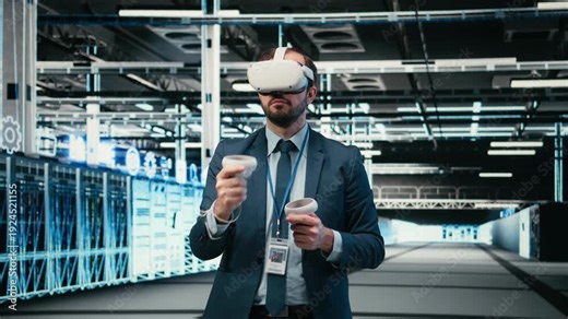 Debugging system errors, VR headset tech and computer scientist in data center. Using virtual reality simulation, wireframe mesh gear and worker in server farm running diagnostics, camera A