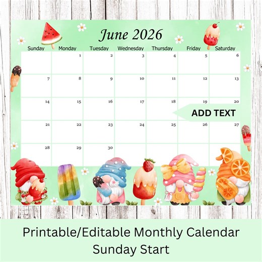 Editable June 2026 Calendar, Summer Planner, School/office/work/home Schedule, Printable Monthly Calendar, Instant Download - Etsy