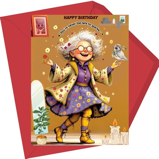 Whimsical Cartoon Lady Dancing Birthday Card, Never Too Late to Sparkle Quote - Etsy