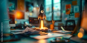 Rocket taking off from the desk surrounded by documents and graphic design materials symbolizing business startup and financial freedom, entrepreneurial growth