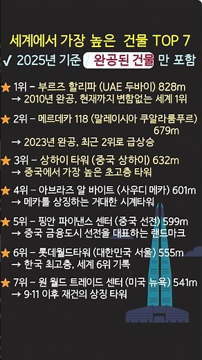 세계 가장 높은 건물 TOP 7 | 2025 기준 완공된 건물만 포함
