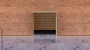 Wooden gate shutter lifts up show dark space in storehouse