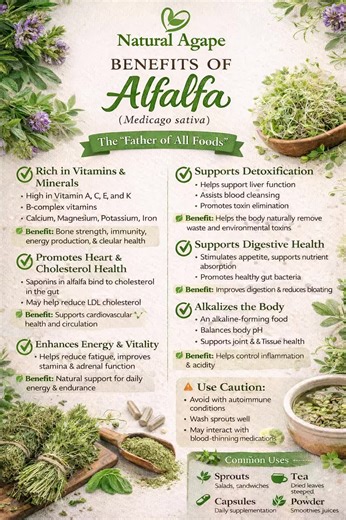 Alfalfa Is Called the “Father of All Foods” for a Reason! Packed with essential vitamins, minerals, and powerful plant compounds, alfalfa supports: ✅ Natural detoxification ✅ Heart & cholesterol health ✅ Digestive balance ✅ Energy & vitality ✅ Immune support ✅ Whole-body wellness From nourishing your cells to supporting healthy circulation, this humble herb is a true wellness powerhouse. ✨ Whether in teas, capsules, powders, or fresh sprouts, alfalfa is a beautiful way to nourish your body natur