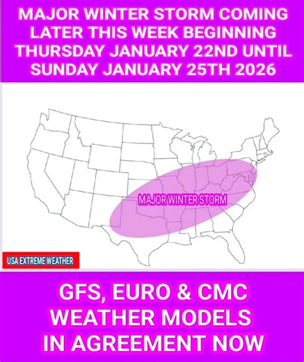 🛰 FUTURE WINTER STORM MODEL UPDATE: ⚠️ MLK DAY: Monday January 19, 2026, Meteorologist are tracking a major, "brutal" winter storm system expected to bring widespread snow, ice, and a dangerously cold Arctic air mass across the United States from the Midwest to the East Coast late this week and into the weekend (around January 22nd-25th, 2026). ⬇️ KEY AREAS & IMPACTS: 🧭 SOUTHERN PLAINS (TX, OK): Risk of ice and wintry mix. 🧭 SOUTHEAST (MS, AR, LA, MS, AL, TN, KY, GA, SC, NC, VA): A strong col