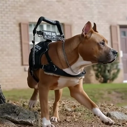 🛠️ The Service Dog Miracle 💔 "Look at this incredible picture of strength and purpose! A powerfully built tan and white Pitbull-type dog is standing proudly next to a tree, wearing a specialized black Service Dog vest with a handle and the clear warning, ""SERVICE DOG DO NOT PET"". His stance is alert and focused, showcasing his commitment to his important job. He was the miracle of assistance, protection, and complete devotion." "This moment captures his unwavering dedication and the profound