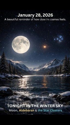 👉January 28, 2026 Moon Meets Aldebaran and Famous Star Clusters Skywatchers are in for a beautiful sight on the night of January 28. The bright waxing gibbous Moon will shine close to Aldebaran, the glowing reddish star known as the eye of Taurus the Bull. This eye-catching scene also features two well-known star clusters nearby — the Hyades and the Pleiades — making the view even more special. Together, they create one of the most recognizable regions of the winter sky. What to look for The br