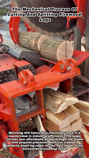 The Mechanical Process Of Cutting And Splitting Firewood Logs