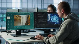 Engineer in server hub making generative artificial intelligence website generating videos using diffusion model algorithms. Employee coding AI virtual assistant producing clips, camera A