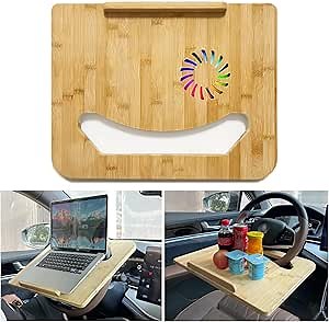 Smiley Car Steering Wheel Laptop Cooling Folding Desk,Quiet Cooling Fan with Colored Lights,Truck&Car Writing Surface,Tablet Table-Minivan Tray,Automobile Lunch Tray/Vehicle Desk for 13"-16" Laptops