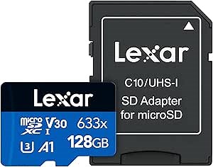 Lexar High-Performance 633x 128GB microSDXC UHS-I Card with SD Adapter, C10, U3, V30, A1, Full-HD & 4K Video, Up To 100MB/s Read, for Smartphones, Tablets, and Action Cameras (LSDMI128BBNL633A)