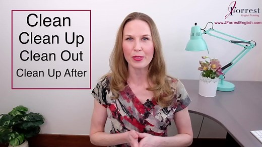 In this English phrasal verbs lesson, learn how to use "clean, clean up, clean out and clean up after". "Clean" and "clean up" have the same meaning. They're used to talk about removing dirt and organizing a specific space, such as a bedroom, bathroom, kitchen or office. When we turn "clean" into "clean up" and make it a phrasal verb the meaning doesn't change. You can use them interchangeably. "Clean out" has a different meaning from "clean (up)". "Clean out" is used when you remove all the ite