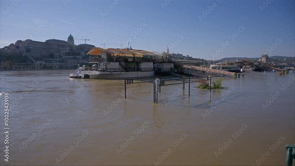 Ports along the Danube River are submerged after a huge flood. View of Rakpart and Buda Castle during the flood in Budapest. Huge tidal flow on the Danube. Danube Flood Threatens Budapest. Flood Alert