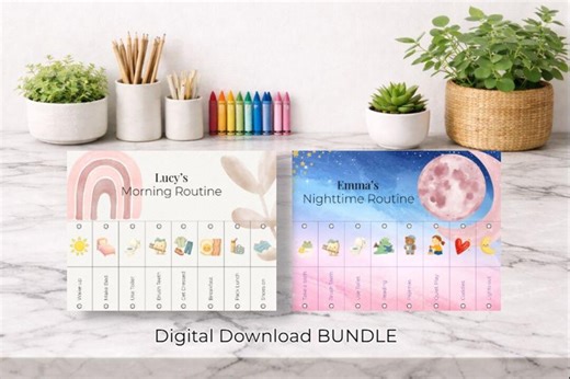 Girls Kids Routine Chart Bundle | Pink Montessori Morning & Night Visual Schedules | Editable Printables - Etsy