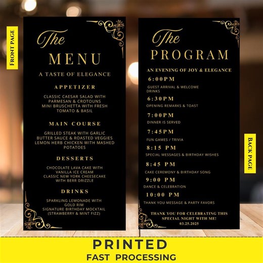 Editable/printed Menu and Program Template, Modern Wedding Menu, Dinner Menu Card , Birthday Party Menu, Black Gold Dinner Lunch Menu Cards - Etsy
