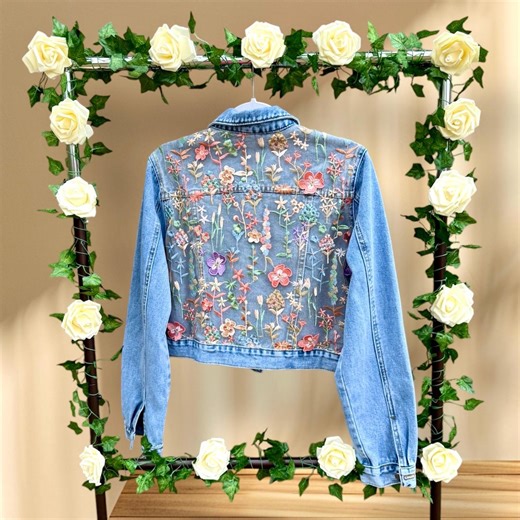 Boho Denim Jacket: Embroidered Floral Mesh, Jean Lace Fashion - Etsy