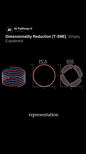 AI | Machine Learning | Tech on Instagram: "T-SNE (t-Distributed Stochastic Neighbor Embedding) is a dimensionality reduction technique that is remarkable at handling non-linear data by preserving the local structure of high-dimensional datasets in lower-dimensional spaces. For instance, given a spiral-like 3D dataset, t-SNE has no problem reducing it to lower dimensions, while other dimensionality reduction techniques such as PCA (principal component analysis) that have linear implementations s