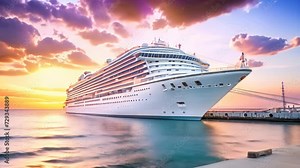 Sailing into Sunset: Luxurious Cruise Ship on Pier. Generative ai