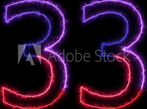 Animation of number 33 with red blue neon colors on the outline and isolated on black background. Number thirty-three