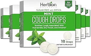 HERBION Naturals Cough Drops, Sugar-Free with Stevia, Dietary Supplement, Soothes Cough, for Adults & Children Over 6 Years, 18 Drops Each, 108 Count, Mint, Pack of 6
