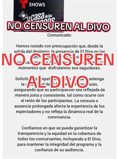 TELEMUNDO BASTA DE CENSURAR AL DIVO NO PONEN SU CONTENIDO EN LAS GALAS QUEREMOS CAMARAS PARA EL DIVO #ElDivo #LCDLF6 @EL DIVO @Telemundo @TelemundoRealities @La Plebe 💋🎤 @las mañaneras de liz 🌄🐺 @AMNESIA @Nianly 🇵🇷🧪