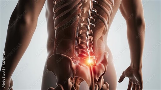 Medical 3d animation highlighting lower back pain with a glowing red spot on the lumbar vertebrae, showing the anatomy of the spine and sacrum, and representing sciatica and joint inflammation