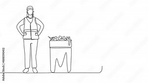 Animation of continuous one line drawing trash woman standing near three trash cans. Waste grouping. Organic trash. Inorganic waste. Hazardous waste. No pollution. Full length motion Stock Video
