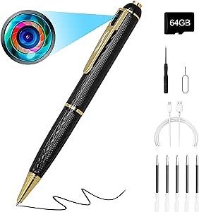 Hidden Camera Pen 64GB 1080P Mini Camera Pen Small Camera, 600mAh Battery Loop Working Nanny Cam, Indoor Camera Security Camera for Safety., Black