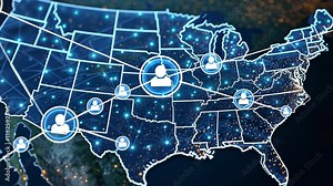 United States Network Map: A futuristic digital map of the USA, illuminated by a network of glowing connections representing people across the country. The image symbolizes connectivity.
