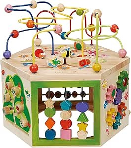 Garden Activity Cube. Wood Shape & Color Sorter, Bead Maze & Counting Baby Toy