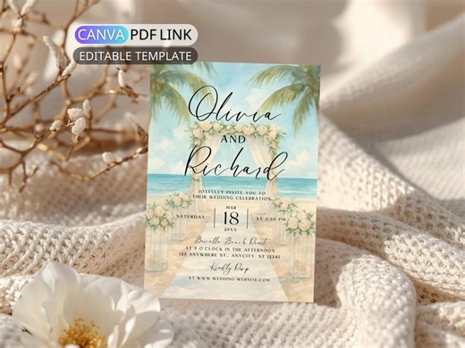 Digital Beach Wedding Invitation: Tropical Destination Wedding Invite Printable Elegant Beach Party Invite Coastal (editable Canva Template) - Etsy