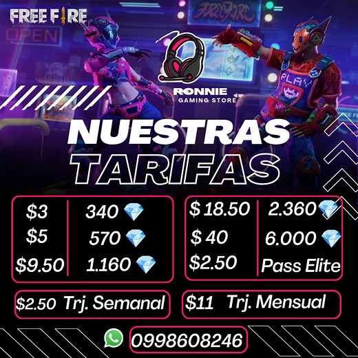 💎 Precios increíbles y entrega al instante 🔥 Recarga tus diamantes de Free Fire con Ronnie Gaming Store — rápido, seguro y al mejor precio. 💥 ¡Aprovecha las ofertas y consigue tu Pase Booyah o tarjetas semanales y mensuales hoy mismo! 📲 Contáctanos: 0998608246 💰 Aceptamos: transferencia, depósito | Rescate Digital