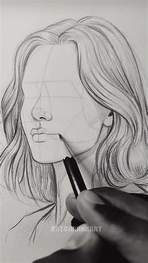 Pencil drawing of female face portrait process from start to finish