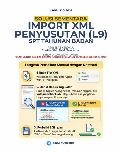 NGOTAX 🧠 on Instagram: "#SPTTahunanBadan #XML #Penyusutan 206. Saya mengalami error saat mengimpor data penyusutan XML di lampiran L9 SPT Tahunan PPh Badan. Berdasarkan XML Monitoring terdapat status Validating Failed dengan pesan kesalahan “Year, Month, and Day parameters describe an un-representable Date Time”. Apakah penyebabnya dan bagaimanakah agar import data penyusutan XML dapat berhasil? 🛠 Solusi Error Validasi Import XML Penyusutan (Lampiran L9) di Coretax 1. Masalah Saat melakukan im
