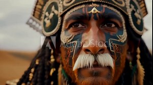 The closeup shot of an Aztec Eagle Warriors face captures their fierce devotion to their culture and traditions with eagle feathers representing strength and honor.