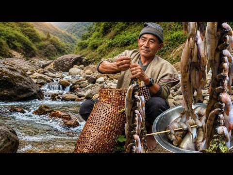 Primitive Grandpa Catches Local Fish & Lives Off the Grid | Organic Village Life in Nepal.