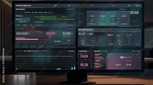 Modern computer monitor showing a dark mode analytics dashboard with charts, graphs and numeric readouts for finance, trading and business performance monitoring and reporting