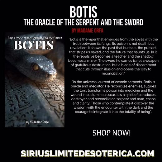 In the pages of this grimoire, Botis manifests, a Goetic spirit who embodies the essential paradox of existence, as the serpent who reveals and the man who wounds with his sword. Its power is an implacable mirror that exposes the past that haunts us, the present that disarms us, and the future that inevitably approaches. Where other demons divide, Botis reconciles; Where everything is destroyed, he teaches that the scar can become an emblem of power. This book offers no easy promises or hollow f