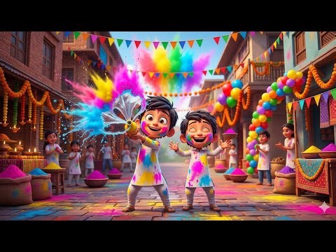 Holi Rhyme for Kids in Hindi 🌈 | 2 Minute Holi Poem for Children | 3D Animated Kids Holi Song ll