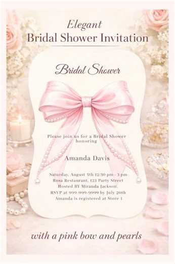 Elegant bridal shower invitation with pink bow 💕