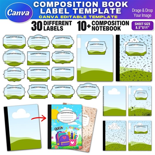 30x Composition Notebook Cover Canva Template, Editable Back to School Journal Label Frame, Custom School Supply Print Sublimation Design - Etsy