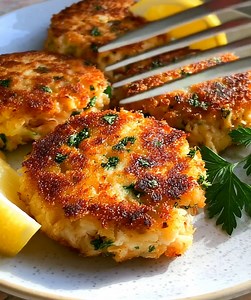 🦀 Golden Crispy Crab Cakes 🍋 Crispy outside, tender inside — the best comfort food bite! 📝 Ingredients: 1 lb (450g) lump crab meat, drained ½ cup breadcrumbs (Panko preferred) ¼ cup mayonnaise 1 large egg 1 tbsp Dijon mustard 1 tbsp Worcestershire sauce 1 tbsp lemon juice 1 tsp Old Bay seasoning 2 tbsp chopped parsley 2 tbsp butter (for frying) Salt and pepper, to taste Lemon wedges, for serving 🍴 How to prepare it: 1️⃣ Mix the base: In a large bowl, gently combine crab meat, mayonnaise, bre