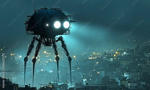 A futuristic scene featuring a hovering robot over a city at night, illuminated by lights.