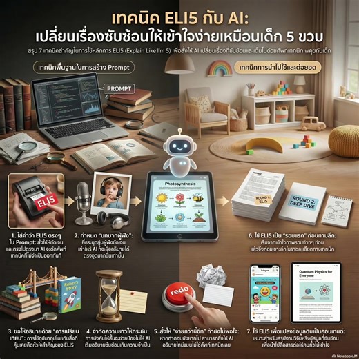 เรื่องยาก ไม่ได้แปลว่าต้องอธิบายยาก สรุปเทคนิคการใช้ ELI5 กับ AI อธิบายเรื่องยากให้เข้าใจง่าย . ELI5 (Explain Like I’m 5) คือเทคนิคใช้ AI เพื่อแปลงเรื่องซับซ้อนให้เข้าใจง่าย เห็นภาพ และเอาไปใช้ต่อได้จริง . เหมาะทั้งการเรียนรู้ งานทำคอนเทนต์ และการอธิบายงานให้คนอื่นเข้าใจเร็วขึ้น . ตั้งแต่ AI, Big Data, Cloud ไปจนถึง เรื่องเทคนิคในงาน ถ้าเริ่มจาก ELI5 ให้เข้าใจภาพรวมก่อน แล้วค่อยถามลึก งานจะเร็วขึ้น และสื่อสารง่ายขึ้นมาก เพราะ AI มีไว้ช่วยให้ “เราเข้าใจเร็ว และทำงานได้ดีขึ้น” . #AIทำอะไรได้บ้าง #