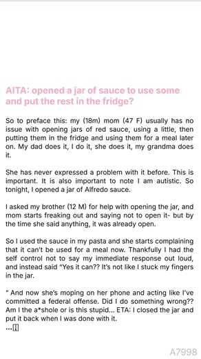 4.6K views | AITA: opened a jar of  sauce to use some ✨ and put the rest in the fridge? | Reddit Insights | Facebook