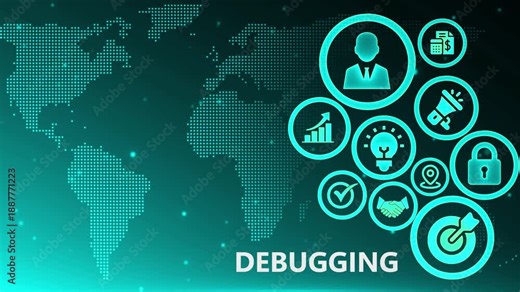 Global Debugging and Technology Solutions: Network, Data Analysis, Success Icons on World Map Background